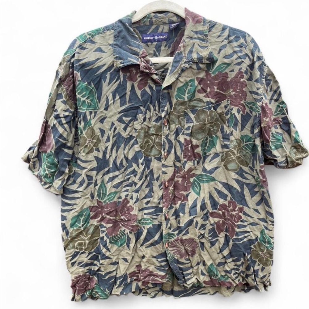 World Island Blue and Green Floral Button Down Shirt